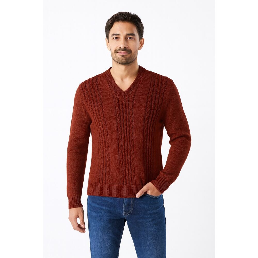 OOAK Hand Knit burgundy Wool Cable V-Neck Sweater Vintage Fisherman Style Medium